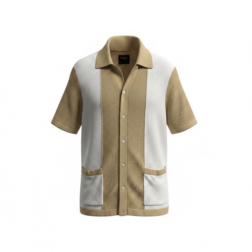 Abercrombie & Fitch Mens S Colorblock Beige White SS Spread‎ Collar Preppy